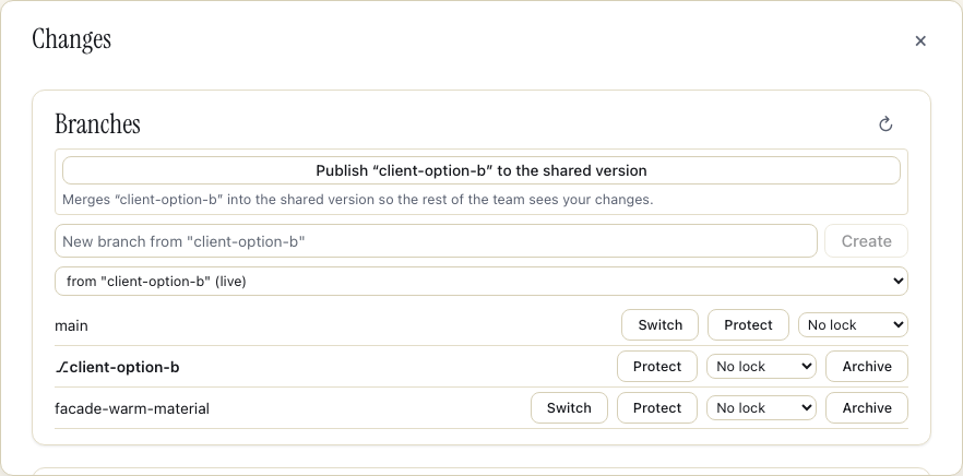 Swarmfile's Branches panel: main and two feature branches, each with controls to switch, protect, lock, or archive, a field for creating a new branch, and the project's protection rules below.